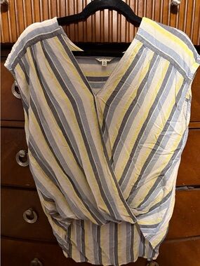 Max Studio Yellow Gray White Striped Wrap-Front Sleeveless Blouse